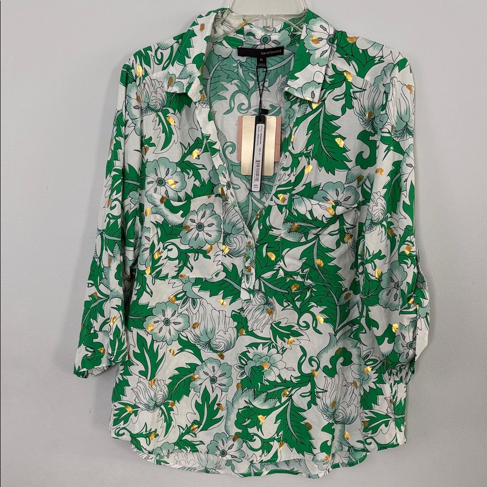 Green and White Floral V-Neck Button Shirt